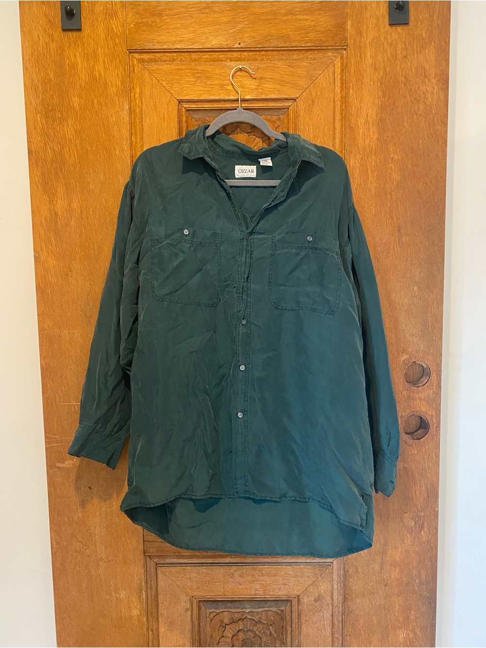 Cezar vintage Green Button-Up silk Shirt utility small stain
